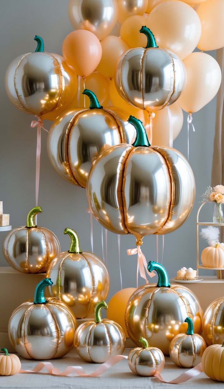A group of metallic pumpkin-shaped balloons arranged as decorations for a baby shower.